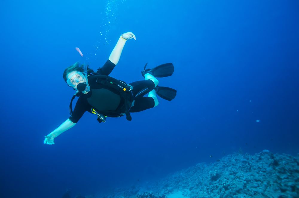 Scuba divers using buoyancy control to maintain neutral buoyancy underwater