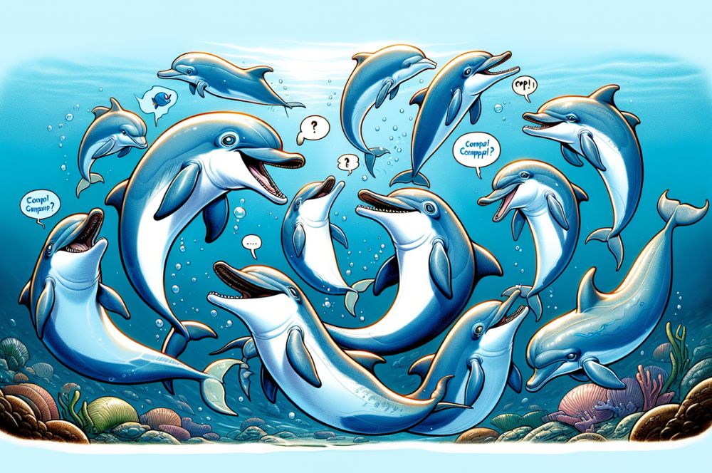 Cartoon depiction of bottlenose dolphins exhibiting social behavior
