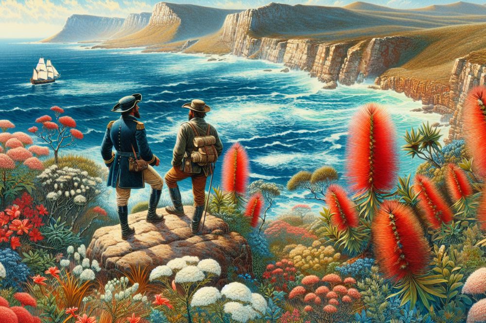Illustration of Captain James Cook and botanist Daniel Solander exploring Cape Solander
