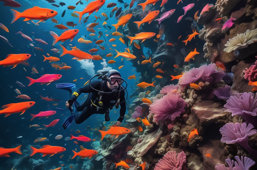 Illustration of a scuba diver exploring a mysterious underwater landscape