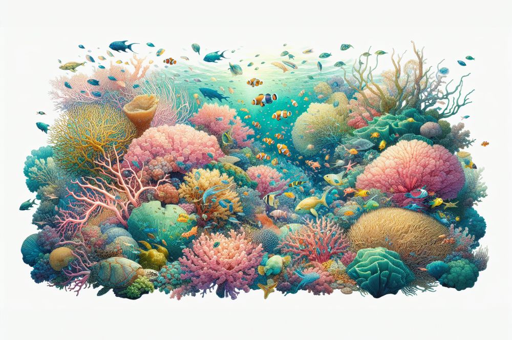 Illustration of a diverse marine ecosystem with coral reefs, marine algae, and various marine species