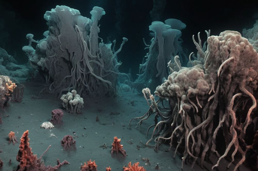 Illustration of mysterious deep-sea creatures near hydrothermal vents