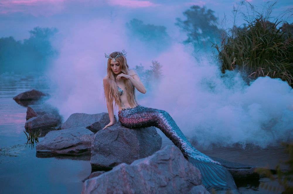 A mermaid sitting on a rock by the sea