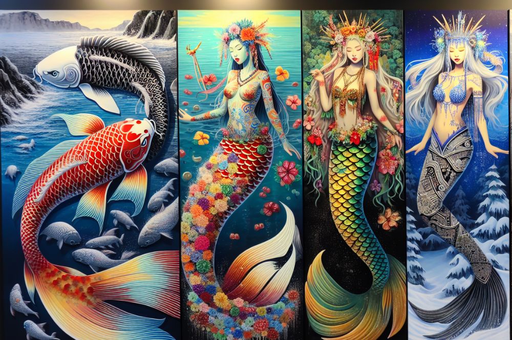 Cultural depictions of mermaids around the world in various art styles