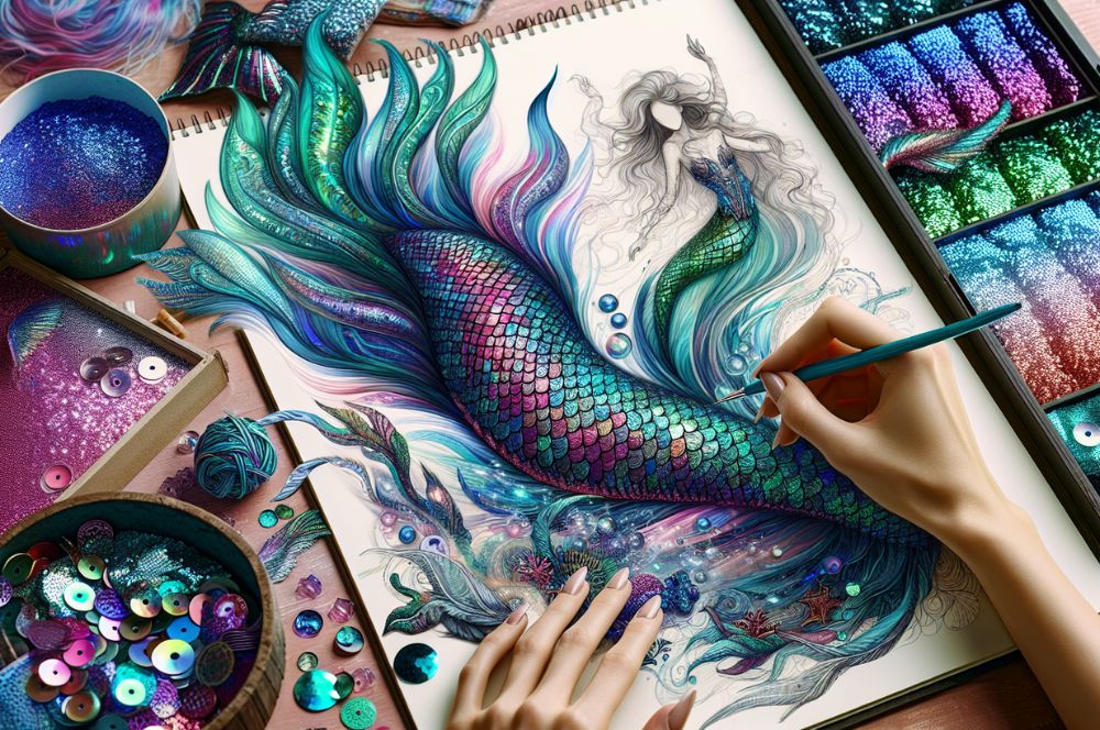 Creative illustration of a mermaid tail being designed and crafted