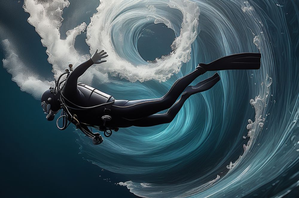Illustration of a diver experiencing vertigo and confusion underwater