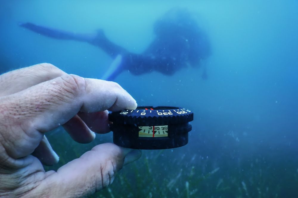 A diver navigating a square pattern with a compass