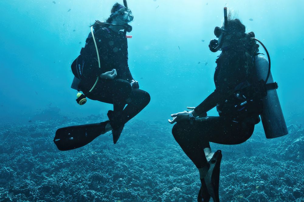 Scuba diver controlling breath underwater to hover