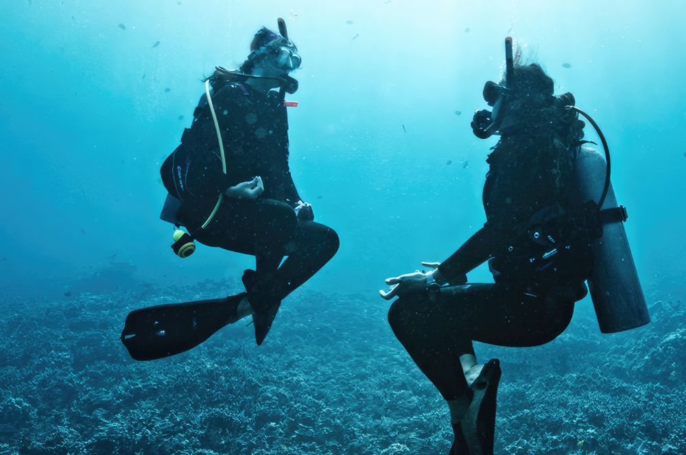 A diver in a wetsuit underwater, thinking 