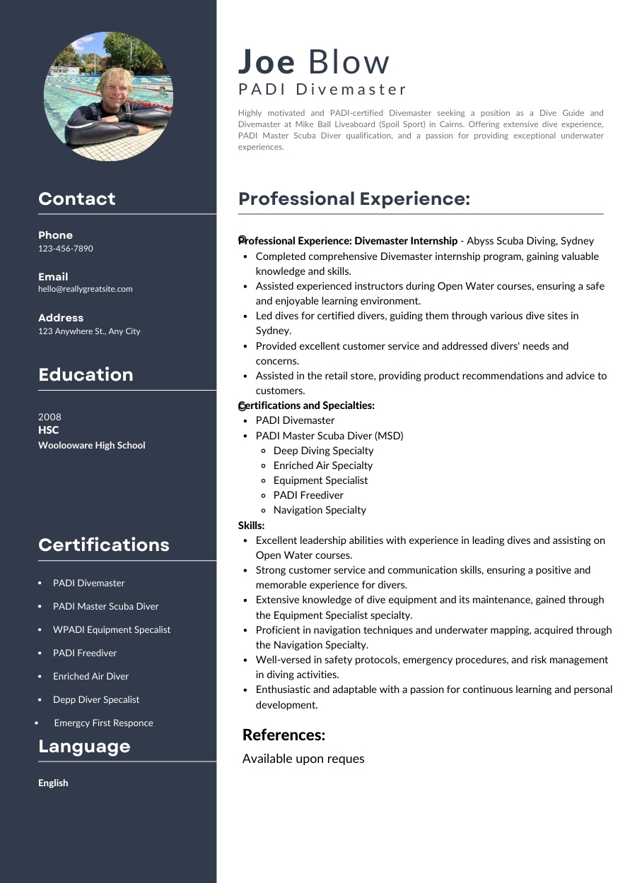 A diver resume with relevant skills and experience highlighted