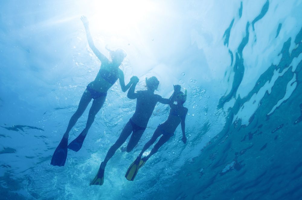 Three people snorkeling together and communicating with each other