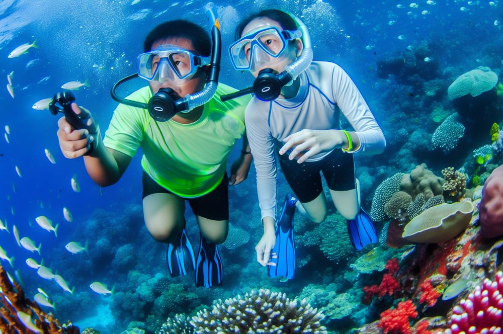 Two snorkelers using the buddy system underwater