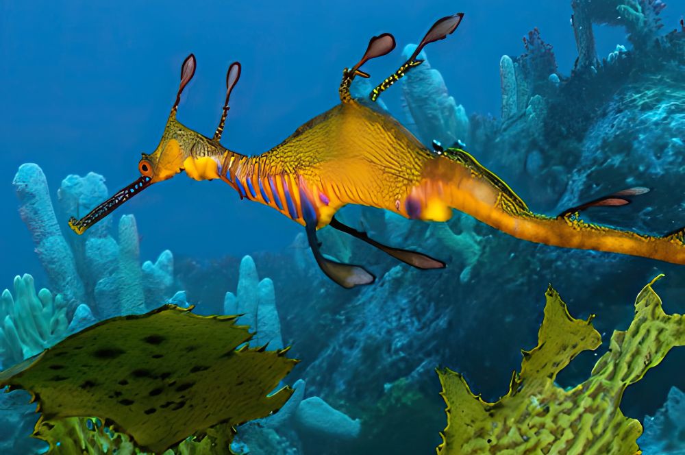 A Weedy Seadragon, part of the colourful marine life while diving in Sydney