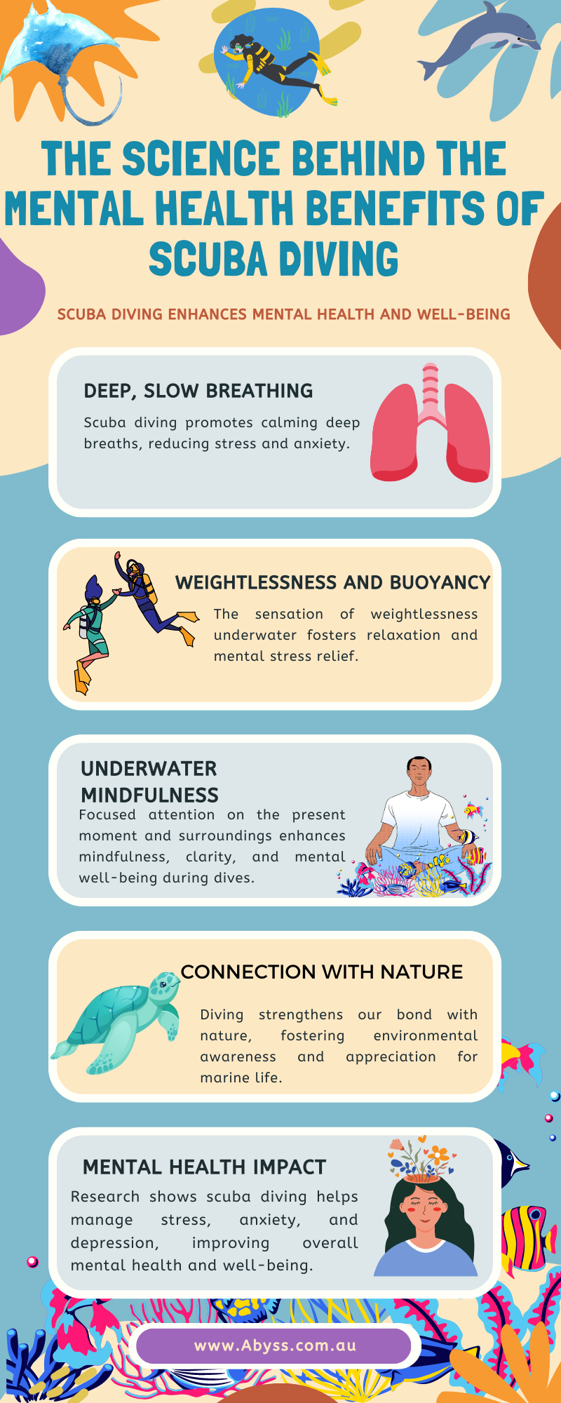 Infographic explaining scuba diving's mental health benefits