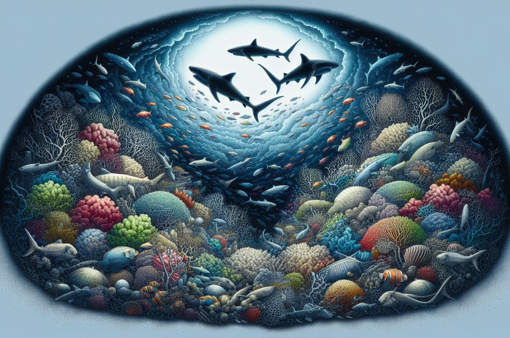 Illustration of a diverse marine ecosystem with sharks, coral reefs, and various fish species