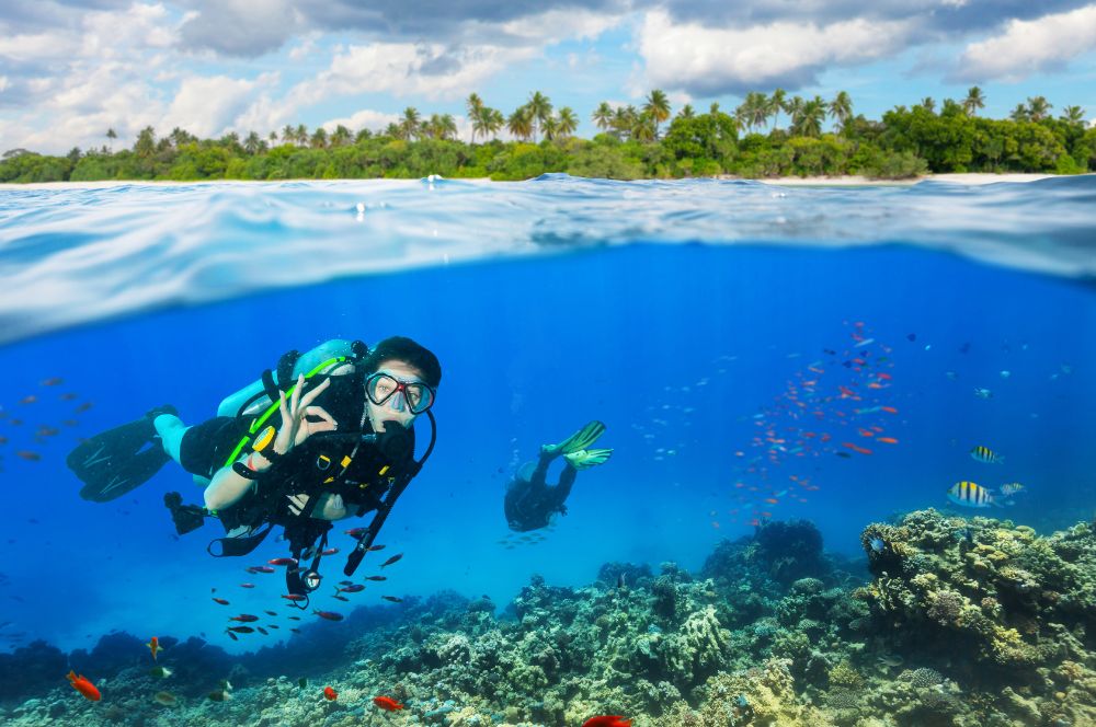 a beginner diver exploring an underwater environment.
