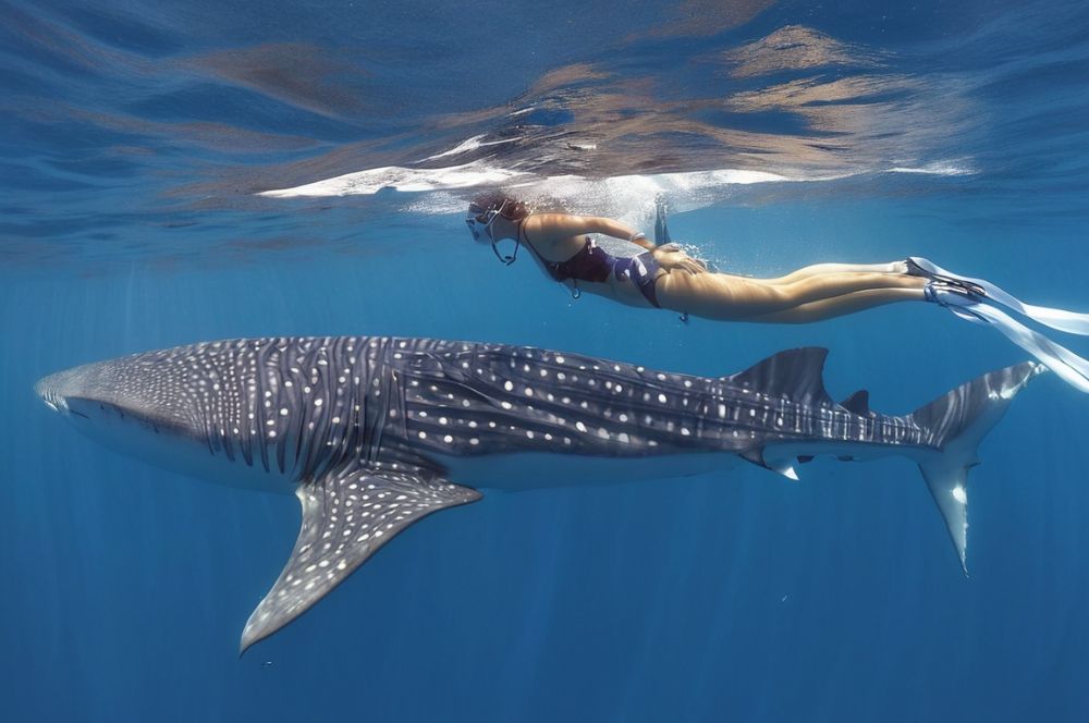 Ningaloo Reef: Snorkeler swimming alongside a majestic whale shark