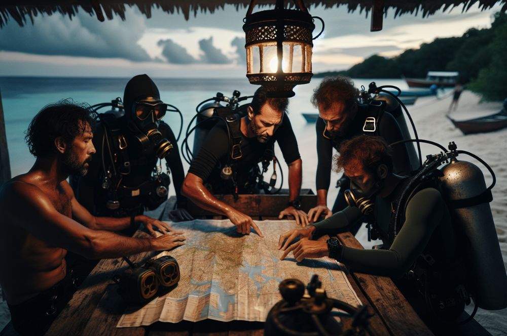 Divers planning dive and checking equipment