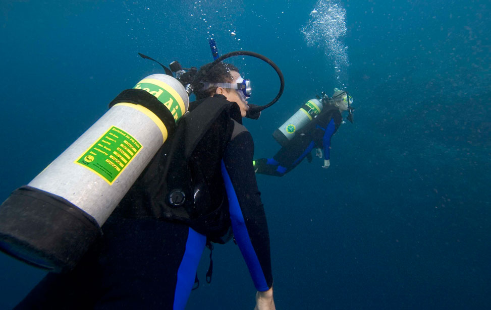 A diver using enriched air nitrox for breathing