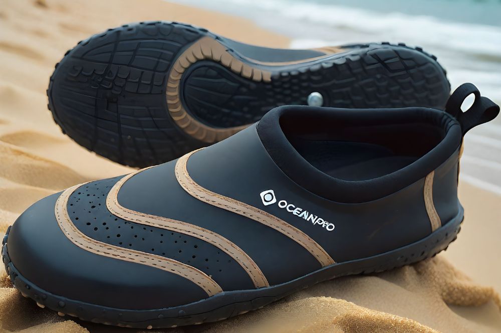 A pair of black aqua shoes on a sandy beach