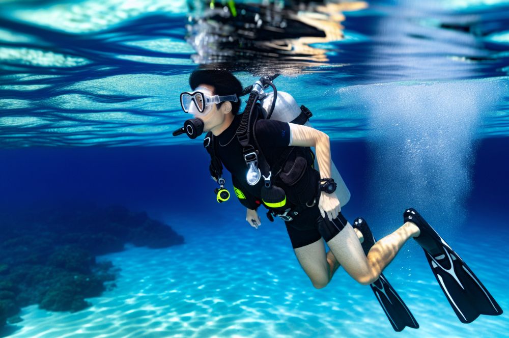 Diver with essential scuba equipment including mask and fins