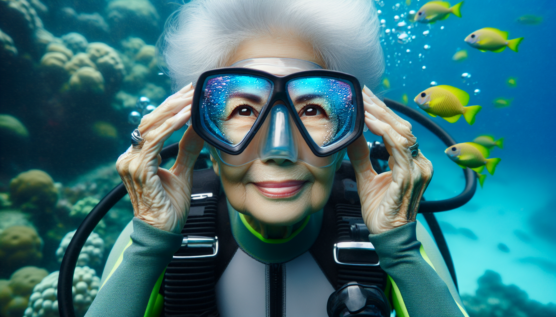 Senior diver adjusting corrective lenses underwater