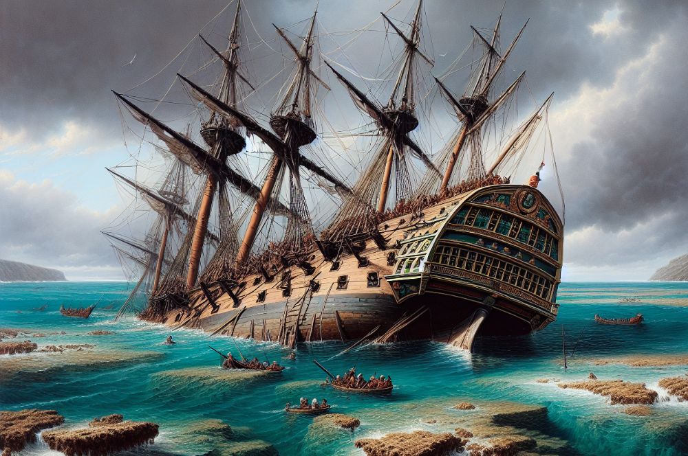 A historical illustration depicting the wreck of HMS Sirius on a coral reef near Norfolk Island.
