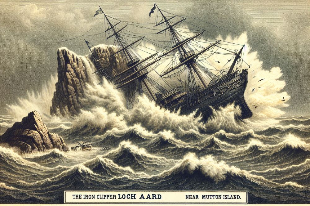 Dramatic illustration of the shipwreck of the Loch Ard amid rough seas and stormy weather.