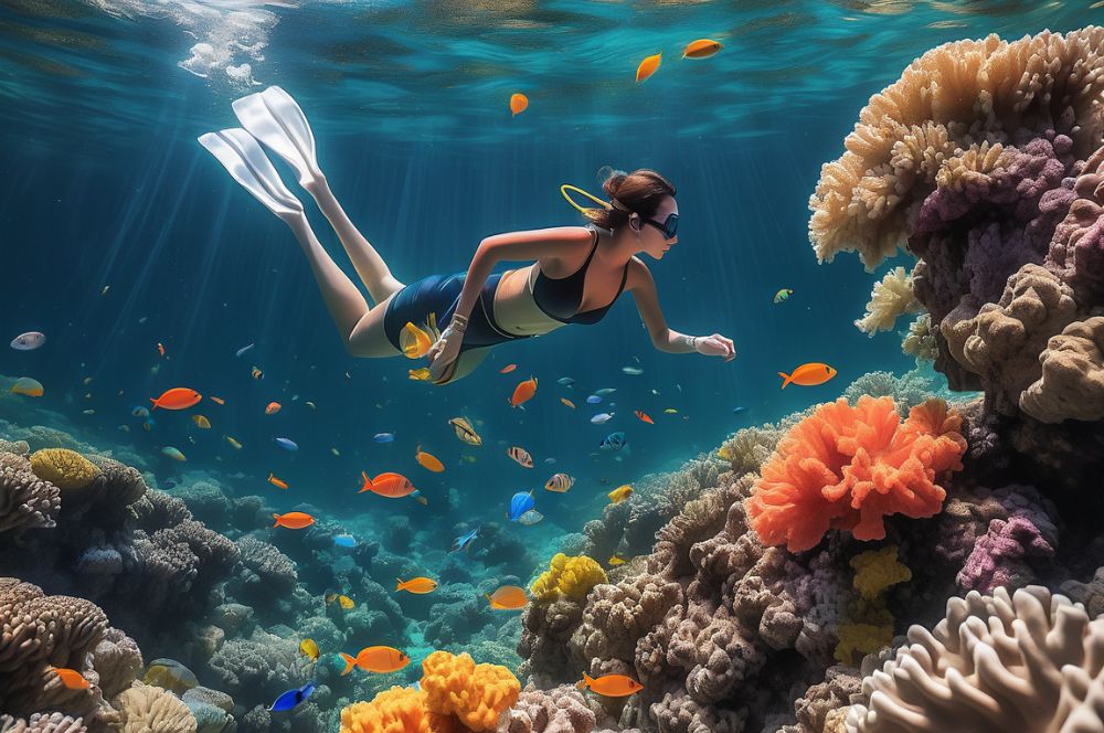 A person snorkeling in crystal clear waters surrounded by vibrant marine life