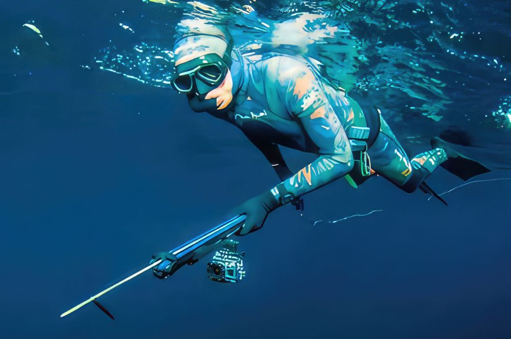 An underwater camera attached to a speargun of a spearfisherlooking for marine life