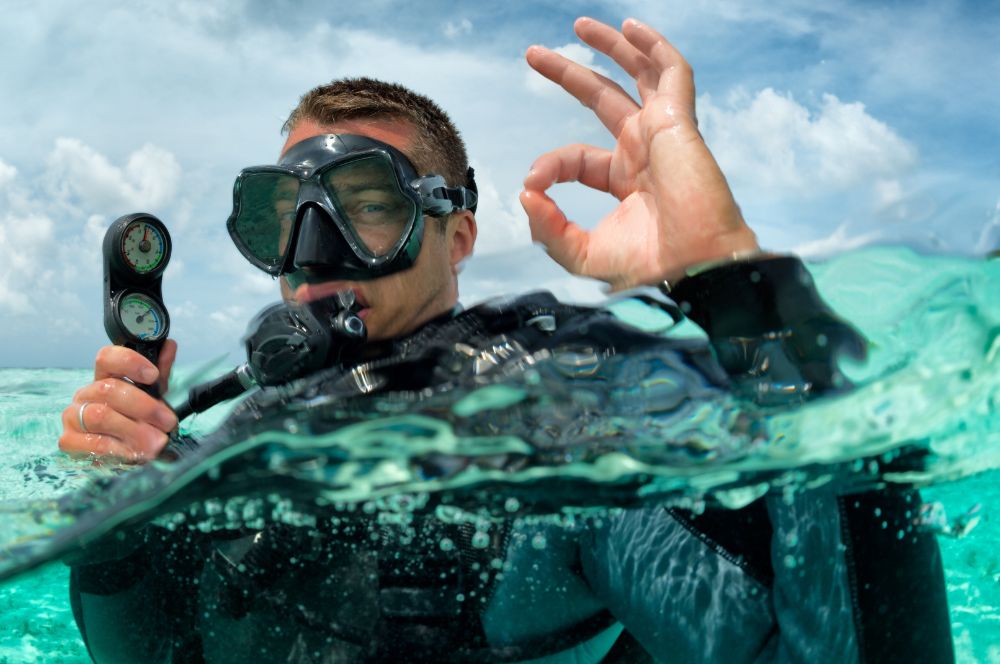 Diver communicating in rough surf conditions