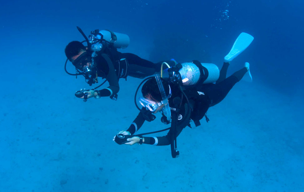 Divers learning compass techniques