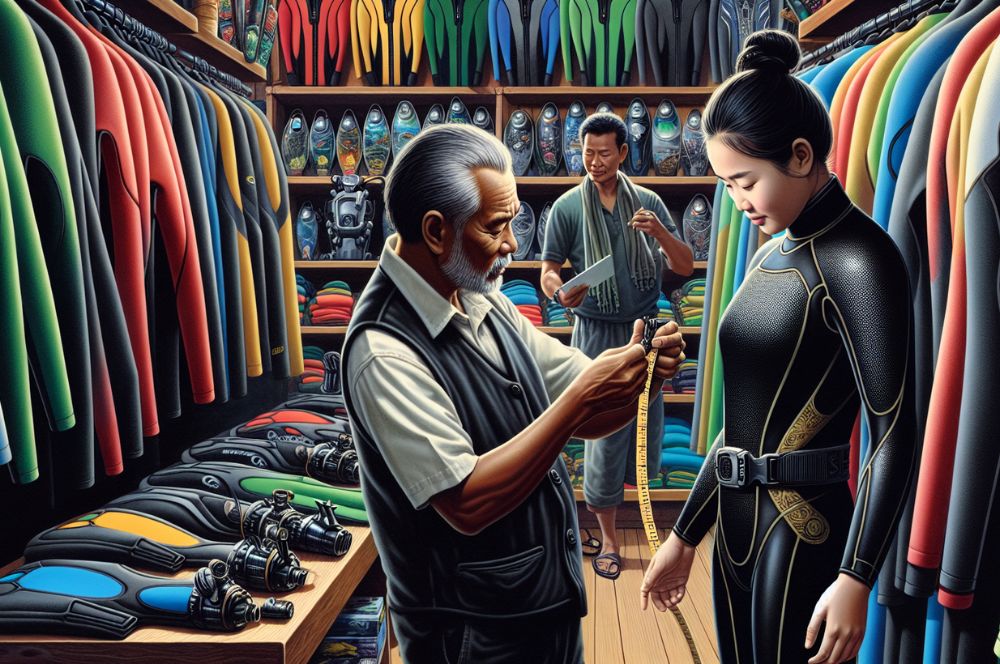 Illustration of a person trying on a wetsuit for proper fit