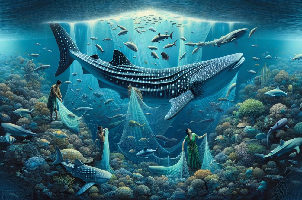 Artistic representation of conservation efforts to protect whale sharks