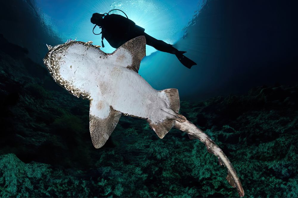 A  scuba diver swimming near a wobbegong shark